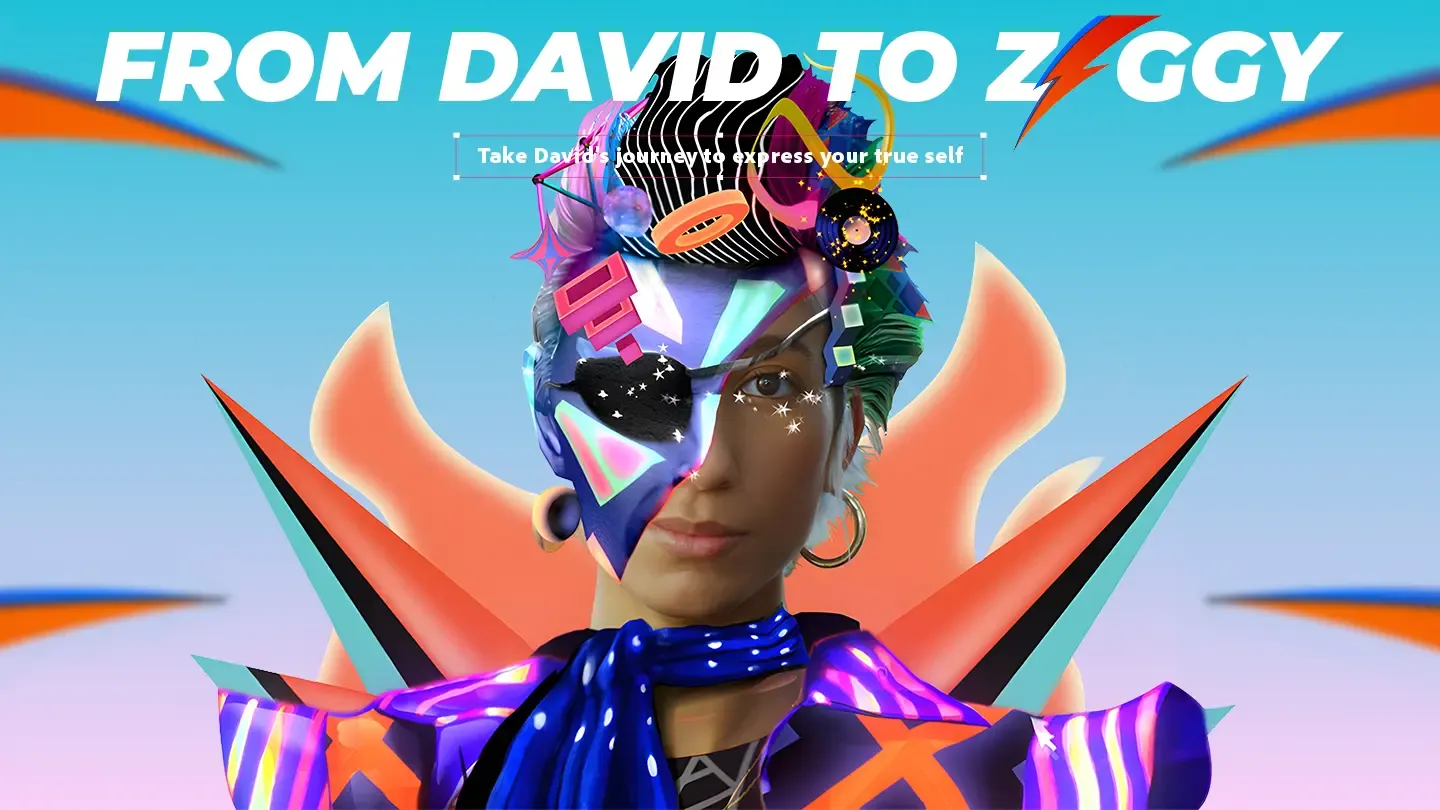  A vibrant, surreal digital collage titled "FROM DAVID TO ZIGGY," celebrating David Bowie’s legacy.  The image features a central human figure with a multi-layered, avant-garde face. One side of the face is natural, while the other is covered in geometric patterns and a star-studded eye patch. A chaotic crown of 3D shapes, vinyl records, and abstract swirls sits atop their head. The background is a bright turquoise gradient framed by orange and blue graphic bursts, with text that reads: "Take David’s journey to express your true self."