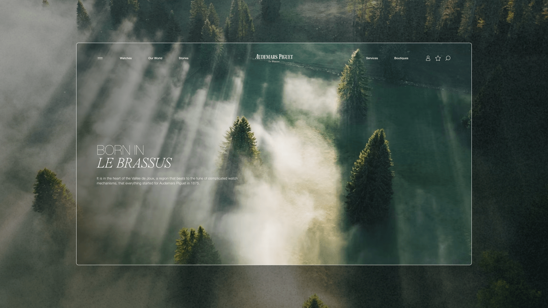 A desktop shot of the Audemars Piguet .com website homepage displaying a bird's eye view of a landscape with large trees from Le Brassus. 