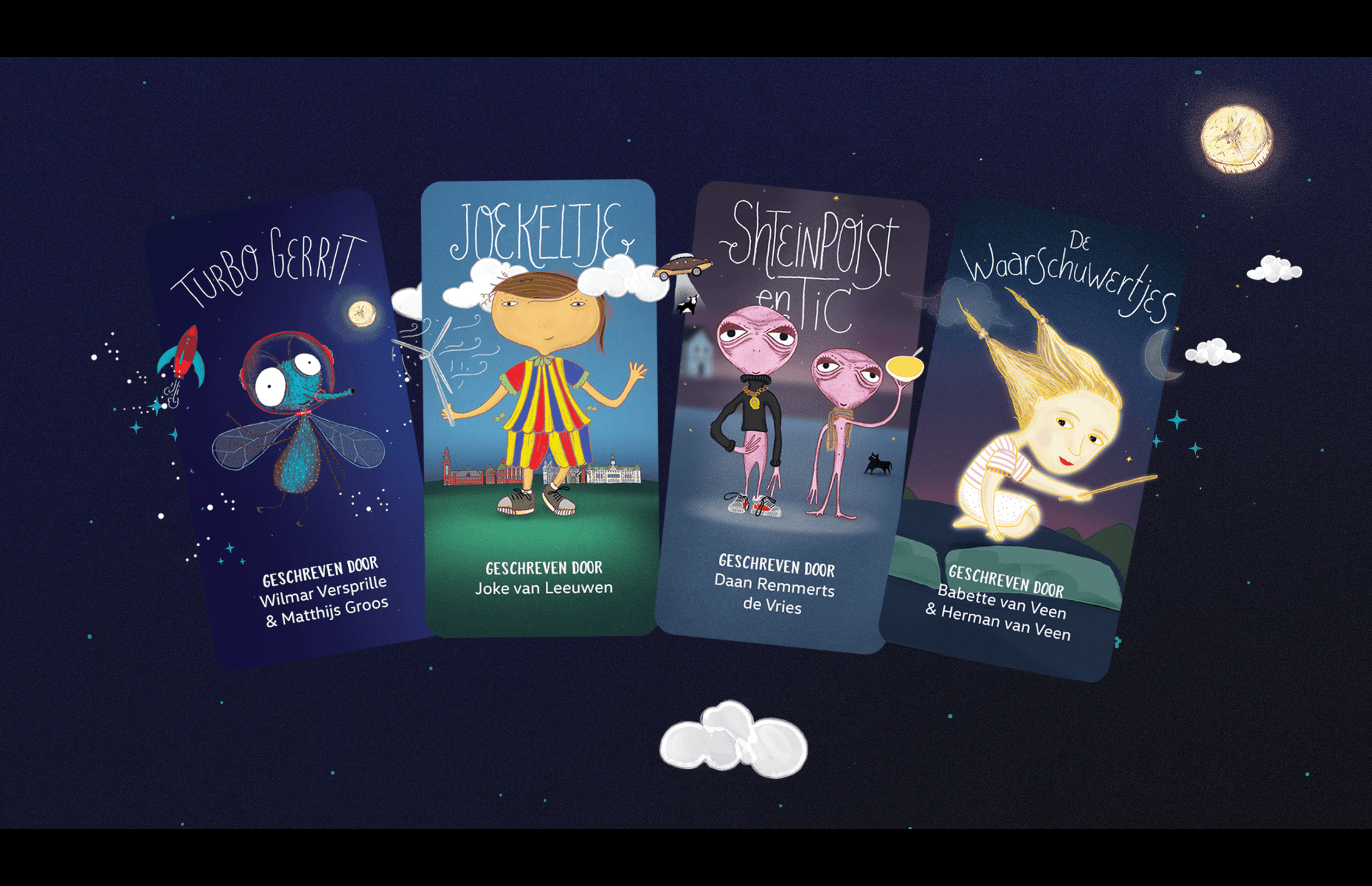 Audio book characters on playing cards displayed on a textured starry-night background.