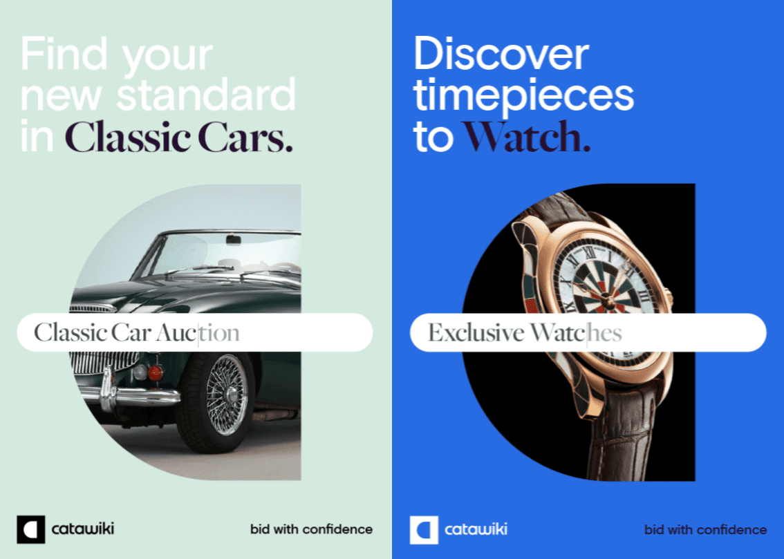 Split ad: left pale green panel with a vintage car front and "Classic Car Auction"; right blue panel with a luxury watch and "Exclusive Watches."