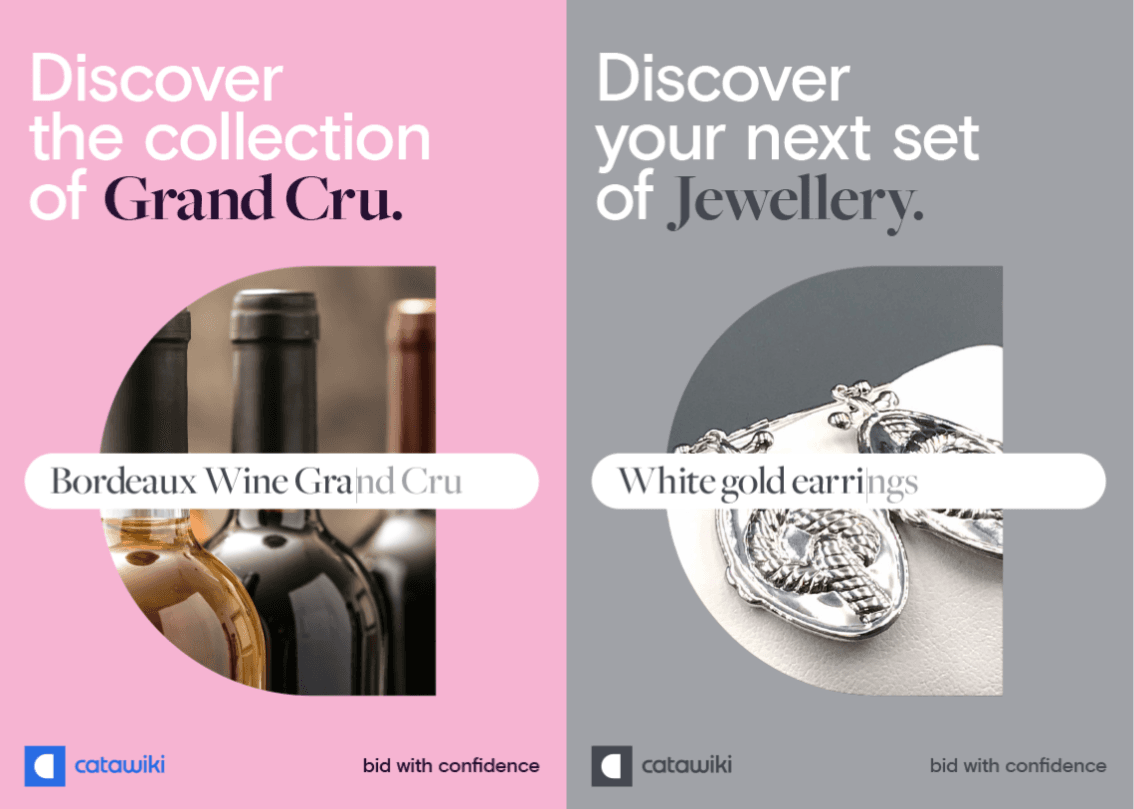 Split ad: left pink panel shows Bordeaux Grand Cru wine bottles; right gray panel shows white gold earrings, with Catawiki branding and "bid with confidence."