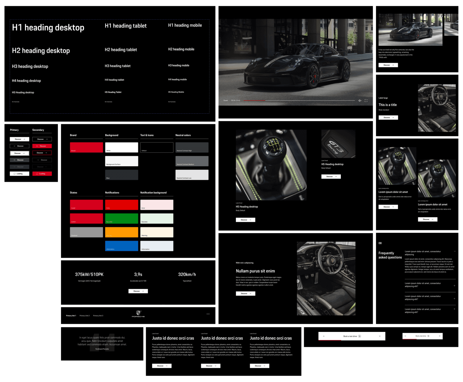 Dark-themed website UI mockup for a sports car showcasing page layouts, headings, color swatches, and photos of a black car interior and exterior.