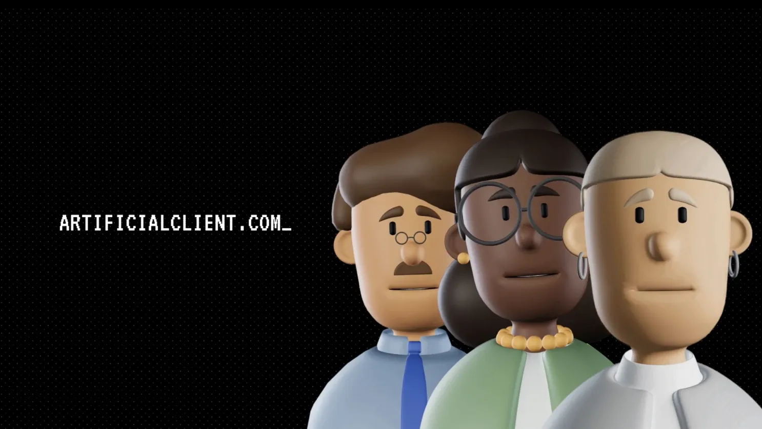 A group of three stylized 3D avatar characters from the Artificial Client platform standing together against a black background with the text "ARTIFICIALCLIENT.COM"