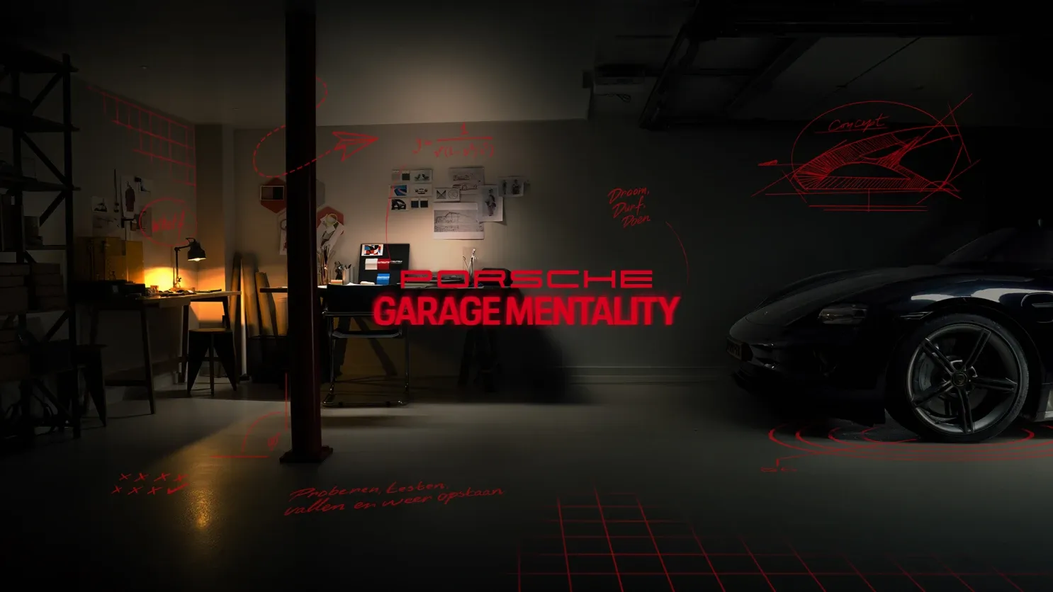 A dimly lit, modern garage featuring a dark Porsche Taycan on the right and a glowing workspace on the left. The scene is overlaid with red neon-style sketches, including geometric grids, a car concept drawing, and Dutch motivational phrases. Large, bold red text in the center reads "PORSCHE GARAGE MENTALITY," set against a backdrop of technical diagrams and a mood board on the wall.
