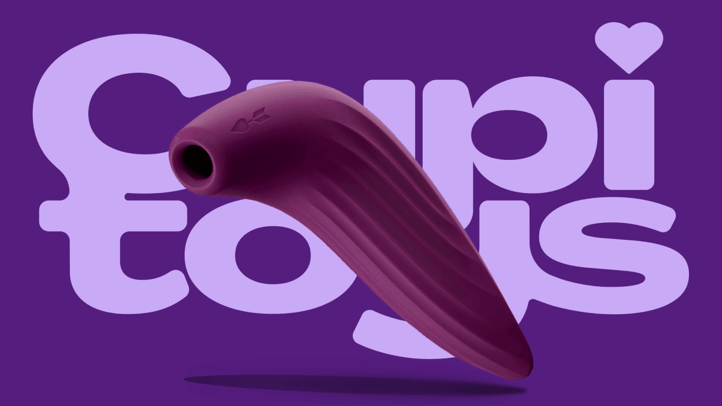 Deep purple, curved suction vibrator floating against a purple background with large stylized pale purple text.