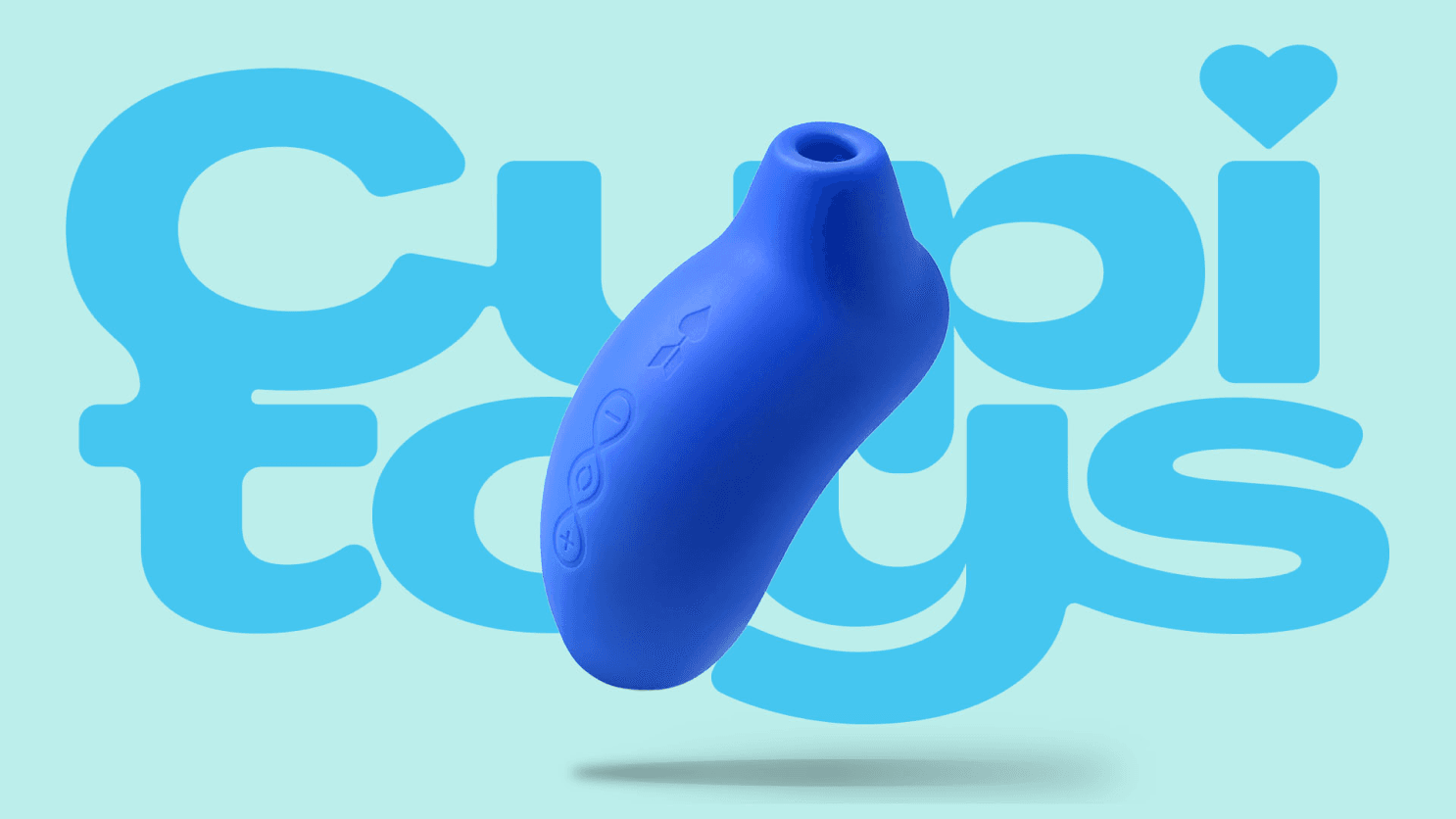 Blue silicone handheld suction stimulator floating above a teal background with large stylized lettering and a drop shadow.