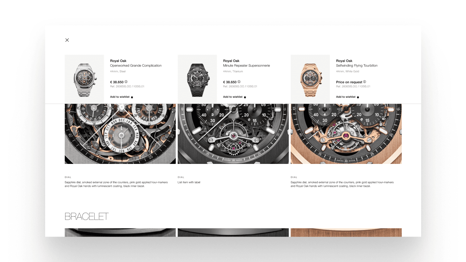 Website product page showing three close-up mechanical watch faces with pricing cards above and a "BRACELET" section visible below.