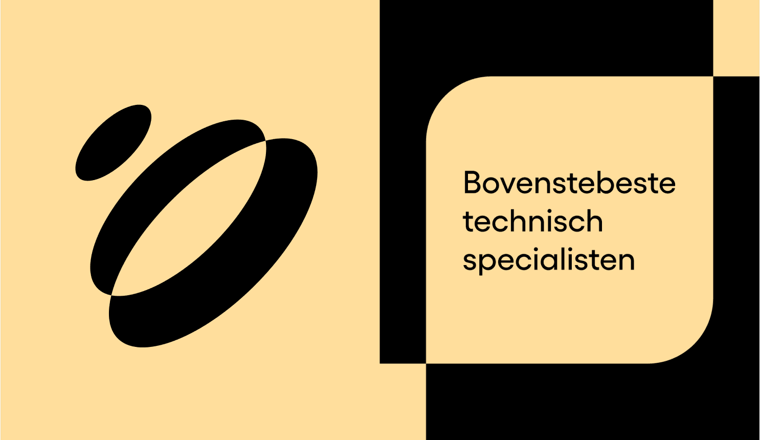 Beige and black split graphic with abstract oval logo left and text Bovenstebeste technisch specialisten in beige rounded box on right