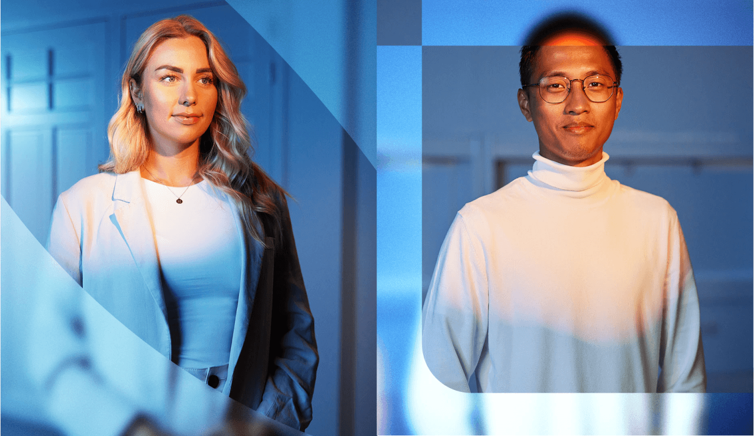Two professionals separated by blue geometric overlays with blurry panels in the corners: a blonde woman in a blazer and a man with glasses in a white turtleneck.