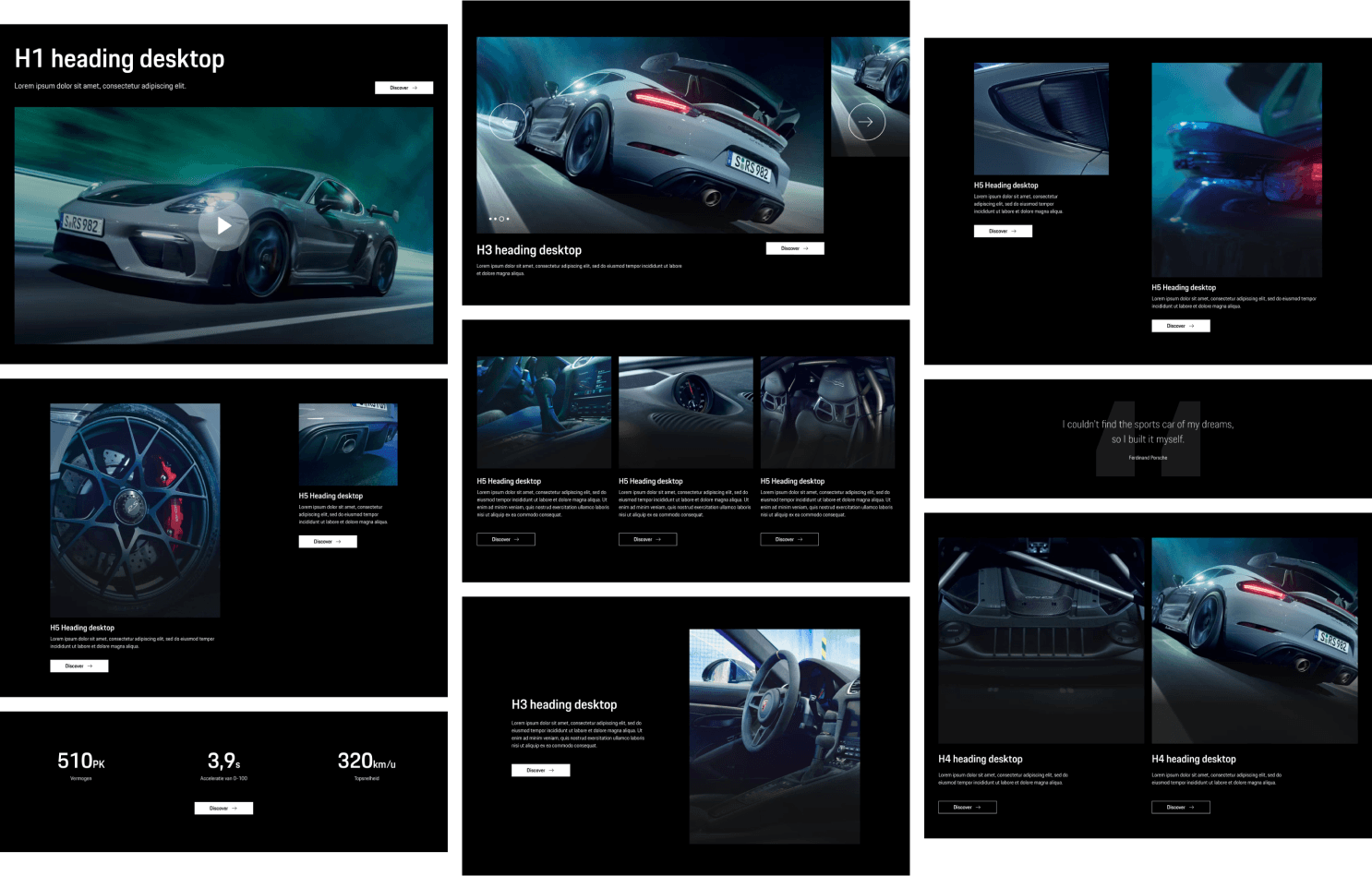 Collage of dark-themed web mockups showcasing a sleek sports car: cinematic exterior shots, wheel and interior close-ups, and card-style layouts.