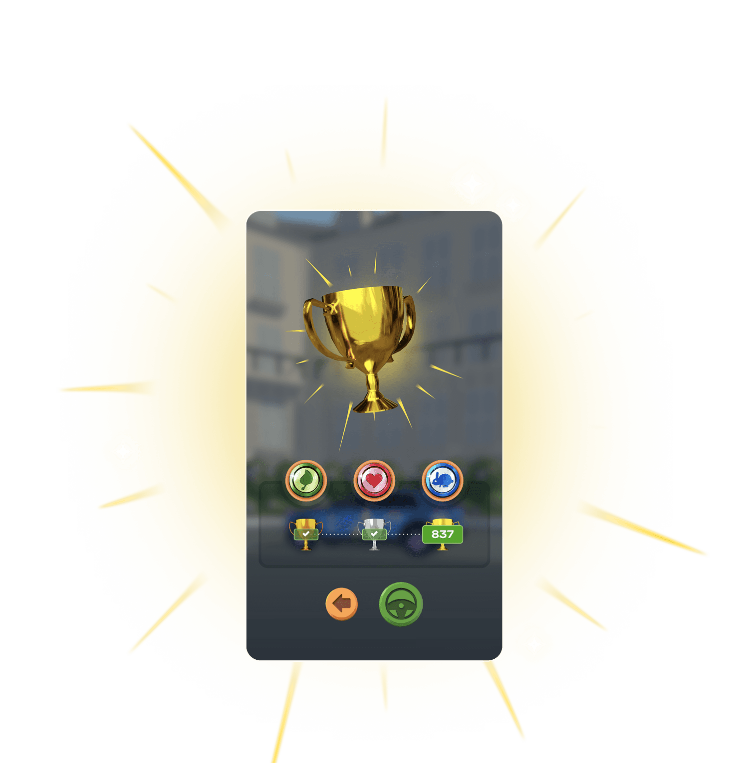 Mobile game results screen showing a glowing gold trophy, three circular achievement icons, a score of '837' next to a gold trophy rank, and two navigation buttons.
