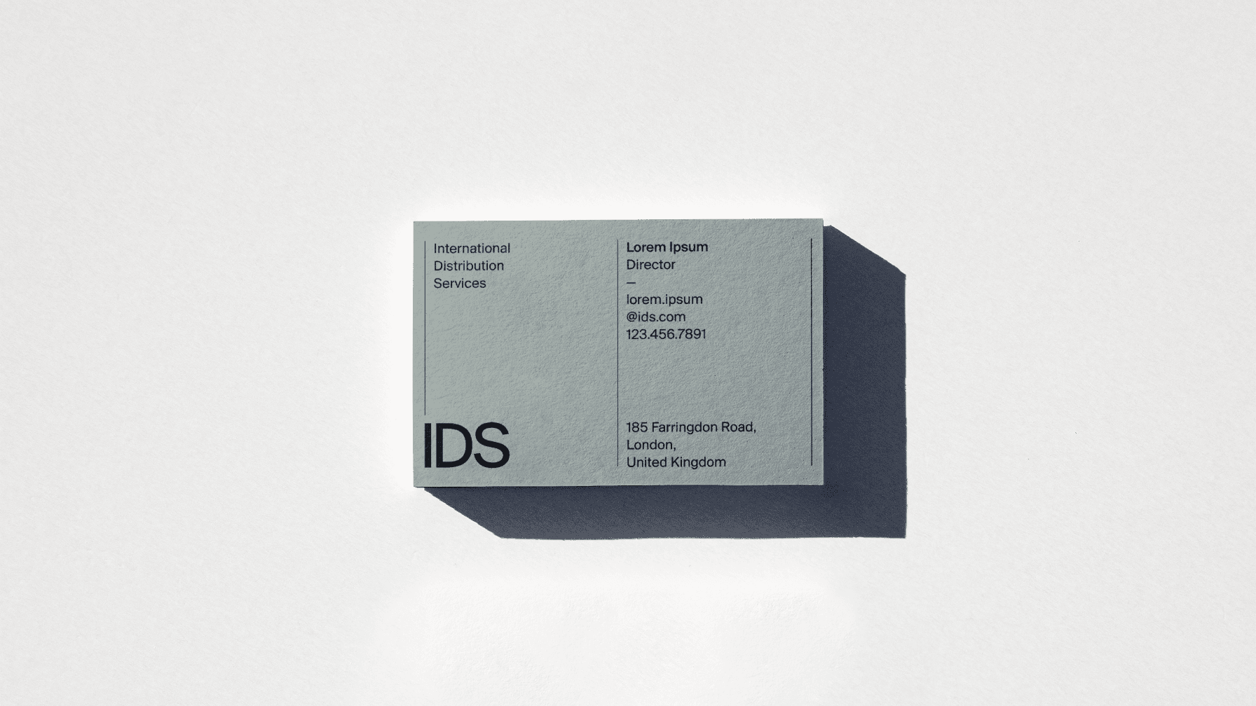 Minimalist pale green business card reading "IDS" with contact details, casting a long diagonal shadow on a white background.