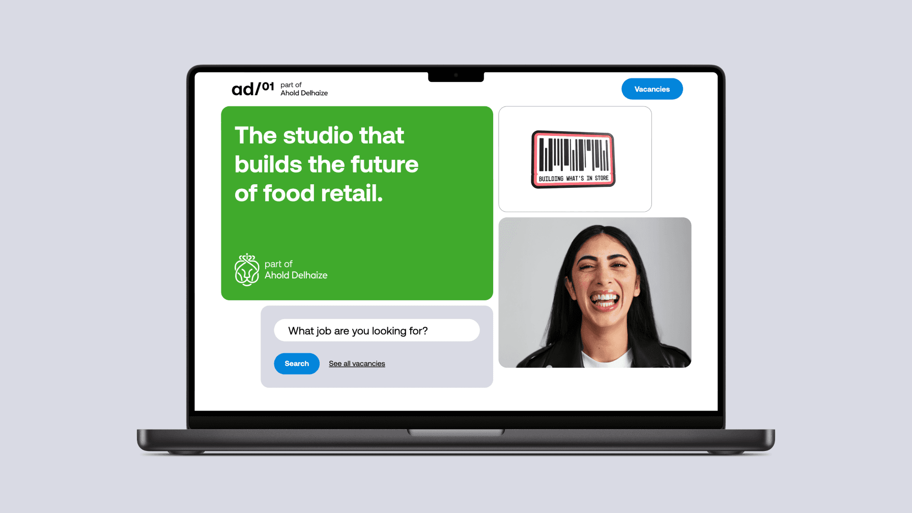 Laptop showing the ad01 website with green text about building the future of food retail, a search box, a barcode image, and a smiling woman's portrait.