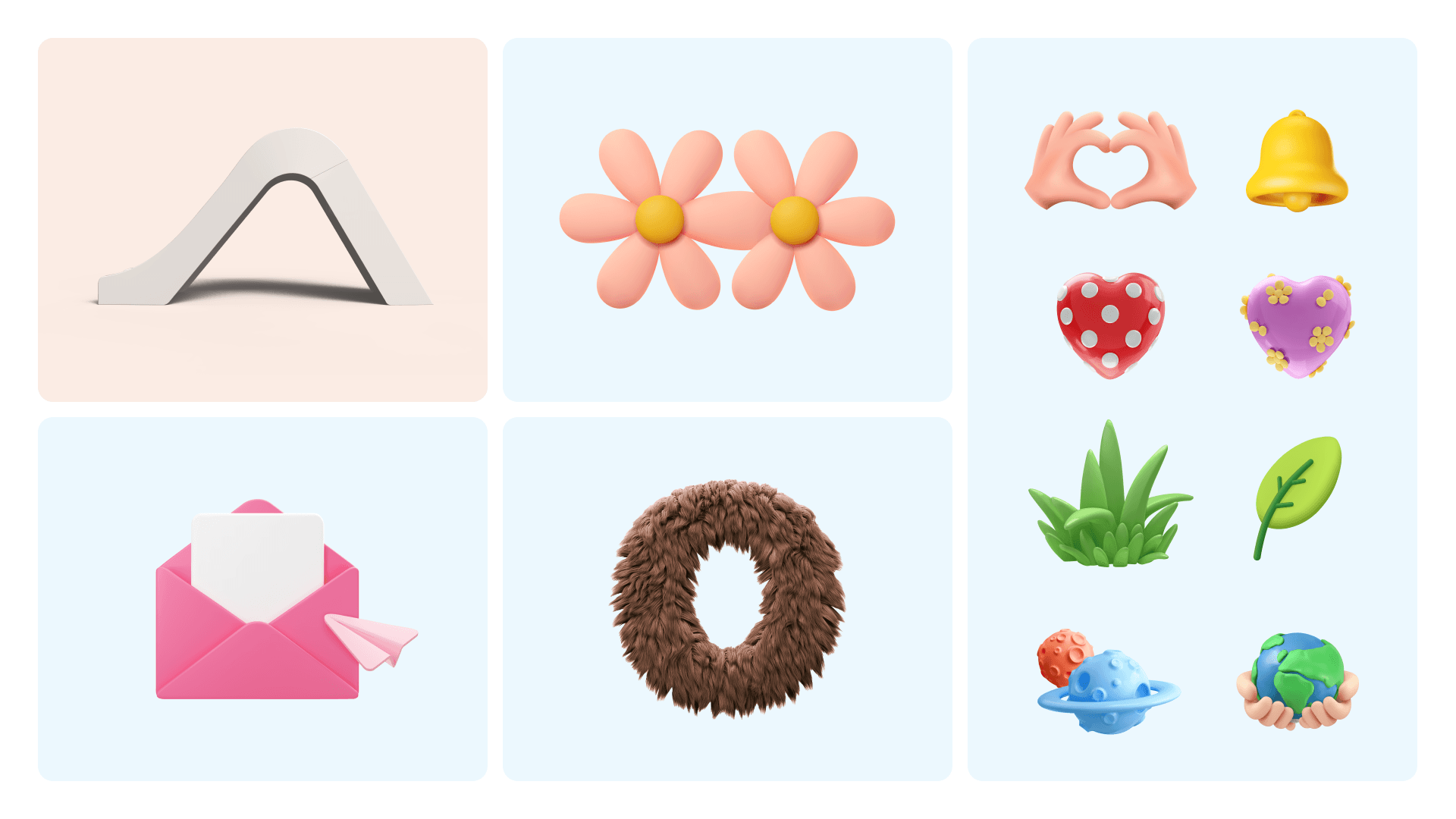 Pastel clay-like 3D icons: arch, twin pink daisies, hand-heart and bell, polka-dot and floral hearts, grass and leaf, pink envelope, brown wreath, planets.