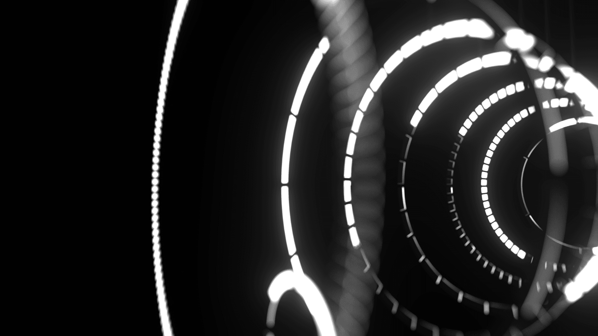 Glowing segmented white rings spiral into a dark tunnel representing time