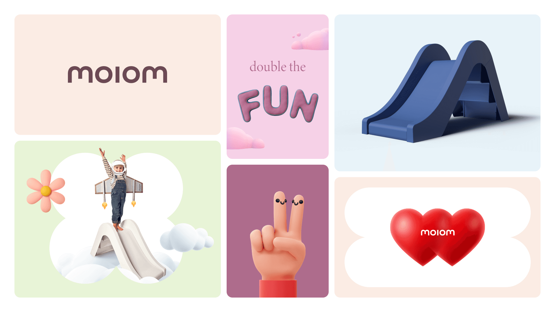 Six-panel pastel collage: "moiom" logo, "double the FUN" text, blue double slide, child with wings on slide in clouds, smiling peace-fingers, two red hearts.All in clay 3D style.