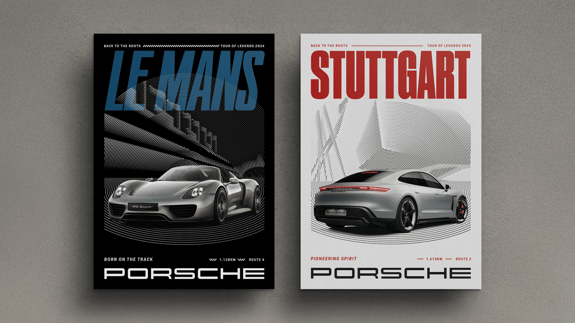 Side-by-side Porsche posters: black "Le Mans" with a silver sports car front view, white "Stuttgart" with a silver car rear and architectural backdrop.