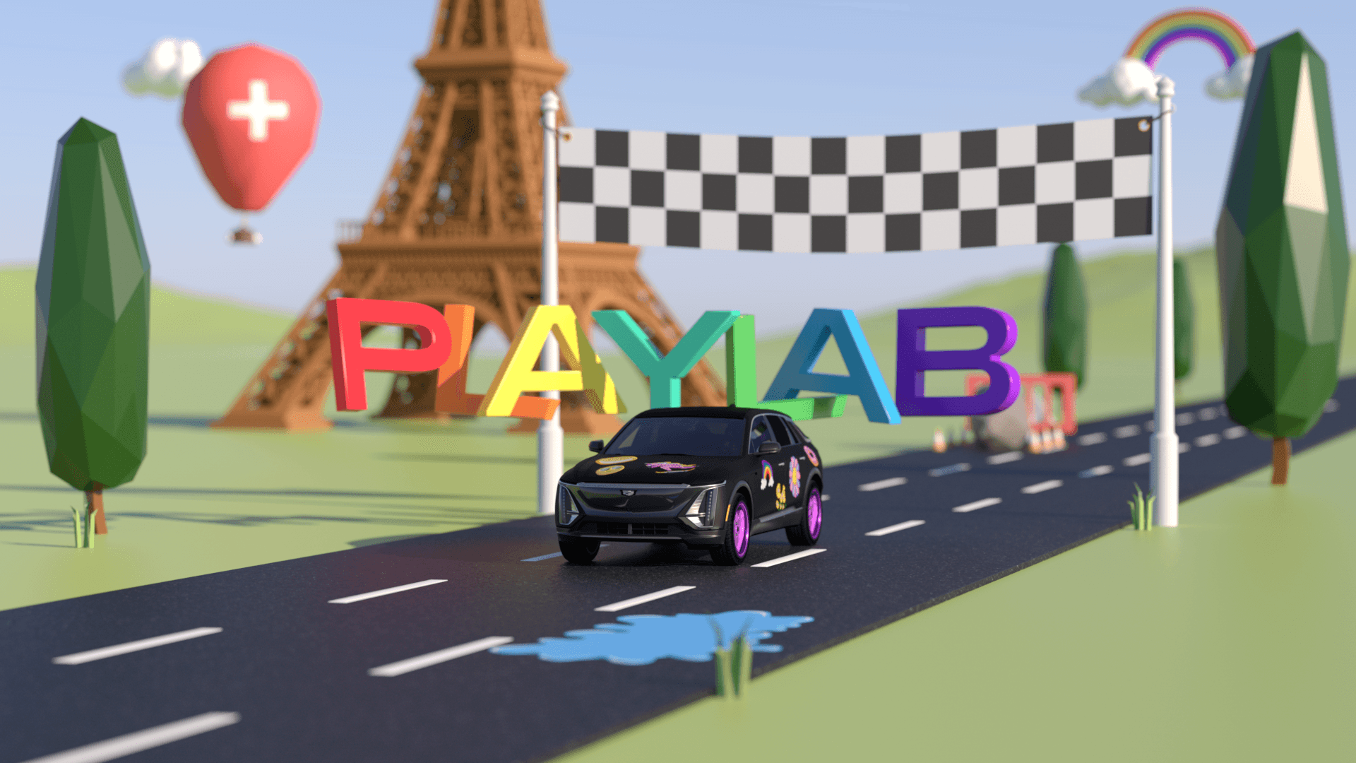 Low-poly black race car with colorful decals crosses finish line under a checkered banner before large PLAYAB letters and the Eiffel Tower.