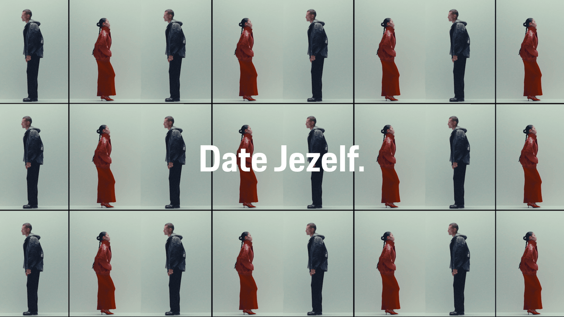 A visual pattern of a man and a woman, both standing in profile and repeated across a 3x5 grid on a light grey background. The woman is wearing vibrant red, and the man is in dark grey. The promotional message "Date Jezelf." is displayed prominently in the center.