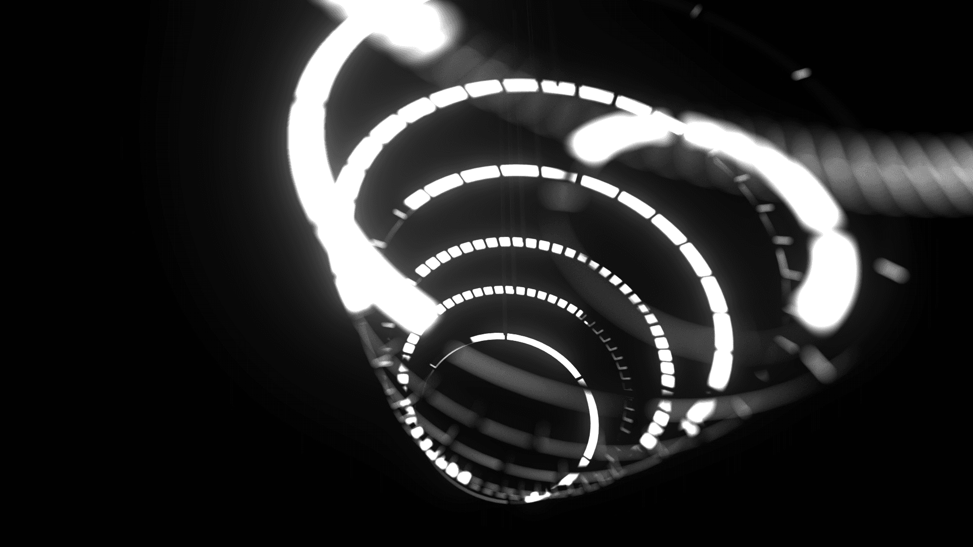 Spiraling tunnel of segmented glowing white rings on a black background.