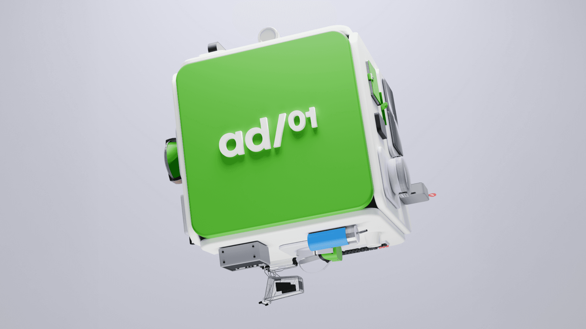 Floating white and green 3D tech cube with a green face labeled ad/01 and exposed mechanical components.