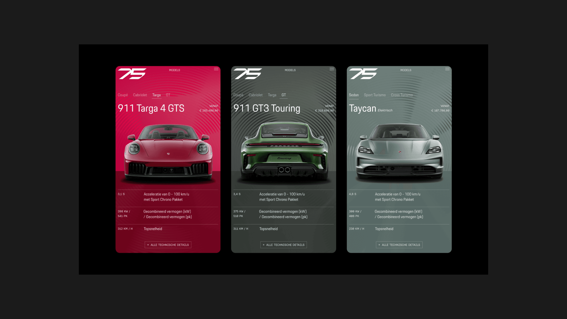 Three vertical car info cards showing front views of Porsche models: red 911 Targa 4 GTS, green 911 GT3 Touring, and silver Taycan with specs.