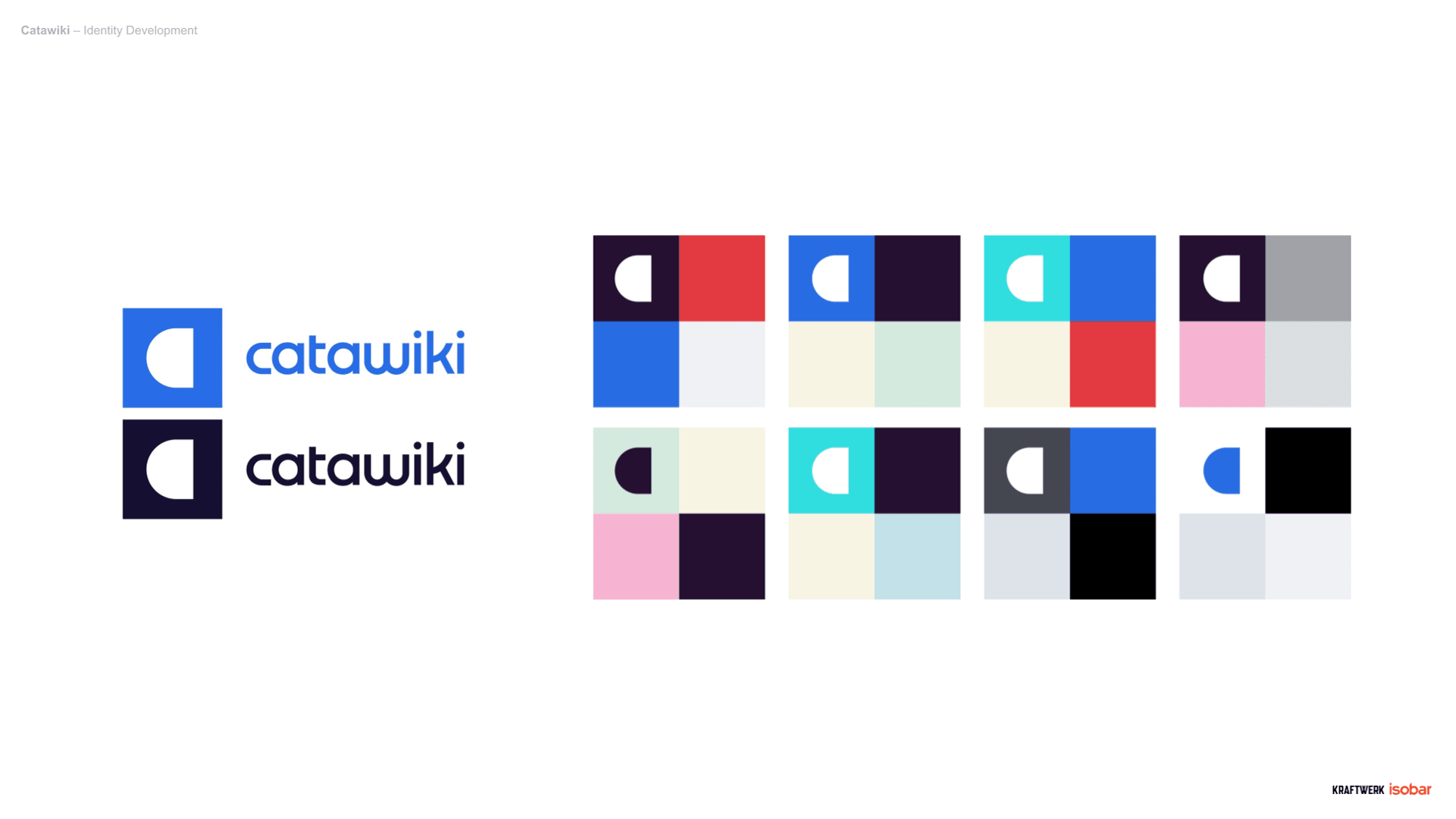 Catawiki wordmark in blue and black with a grid of colorful square icon variations showcasing the brand identity.