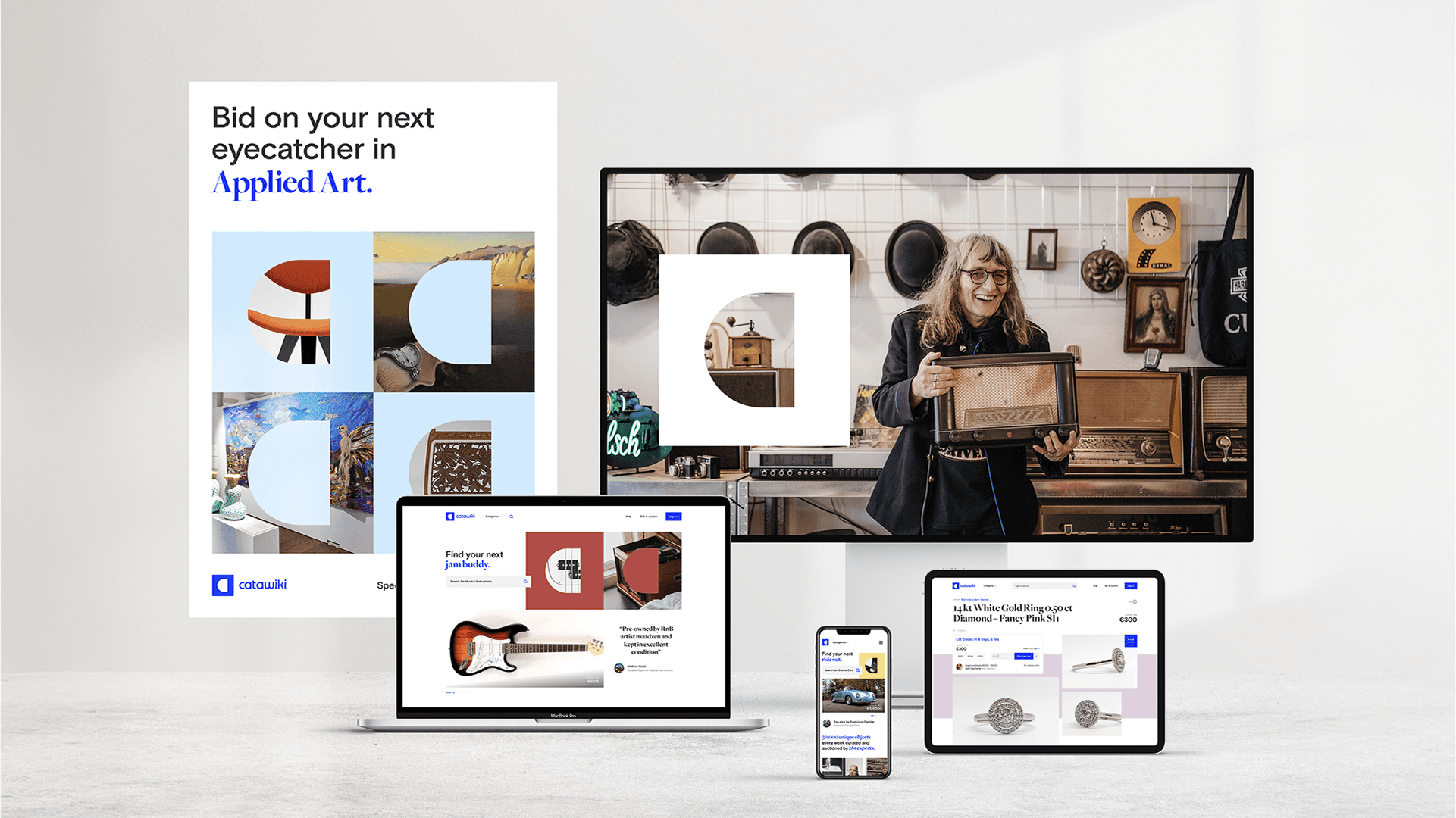 Poster, TV and devices showing an auction website: TV with a woman holding a vintage radio, laptop, tablet and smartphone with item listings.