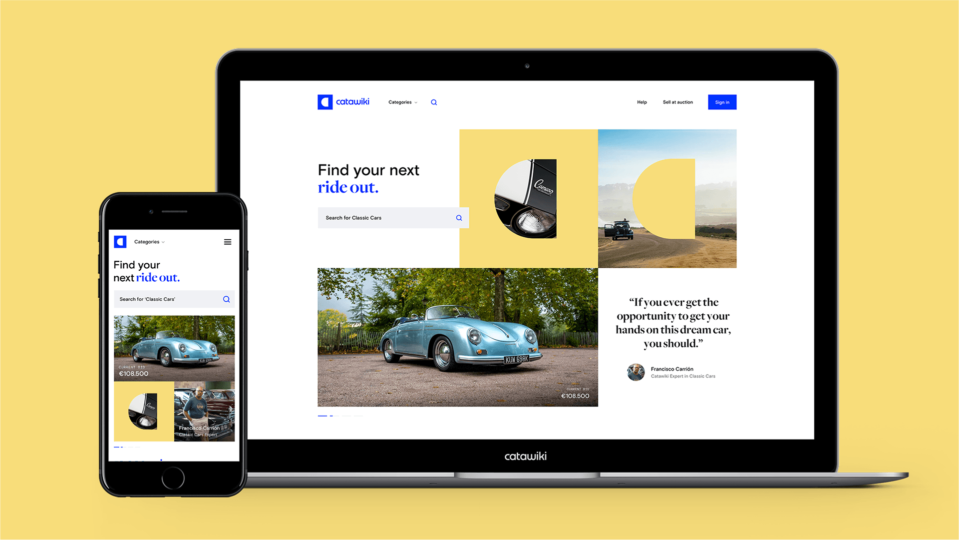 Laptop and smartphone on a yellow background showing a car marketplace webpage with images of a blue vintage convertible and search UI.