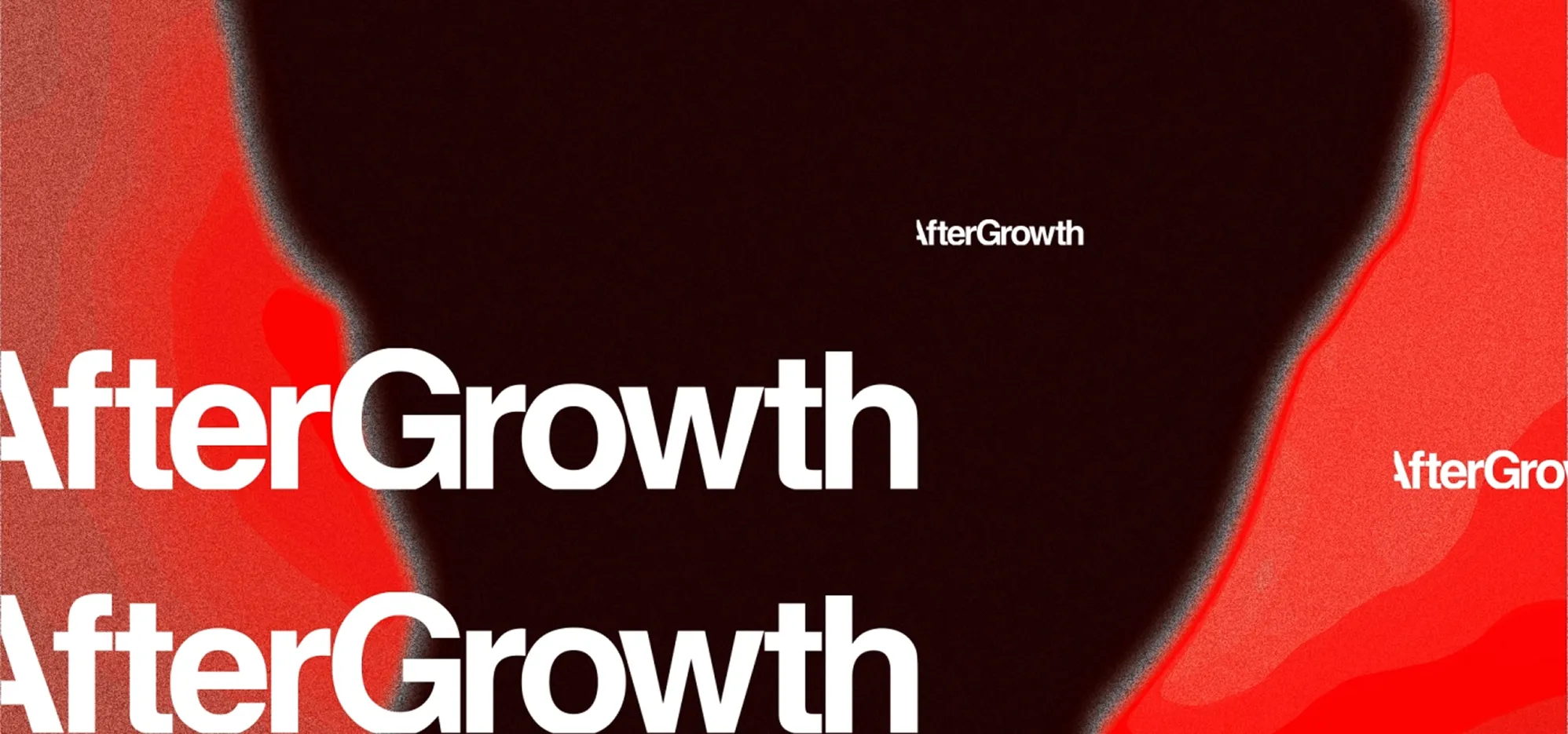 Abstract design with "AfterGrowth" text in bold white font, set against a red and black gradient background.