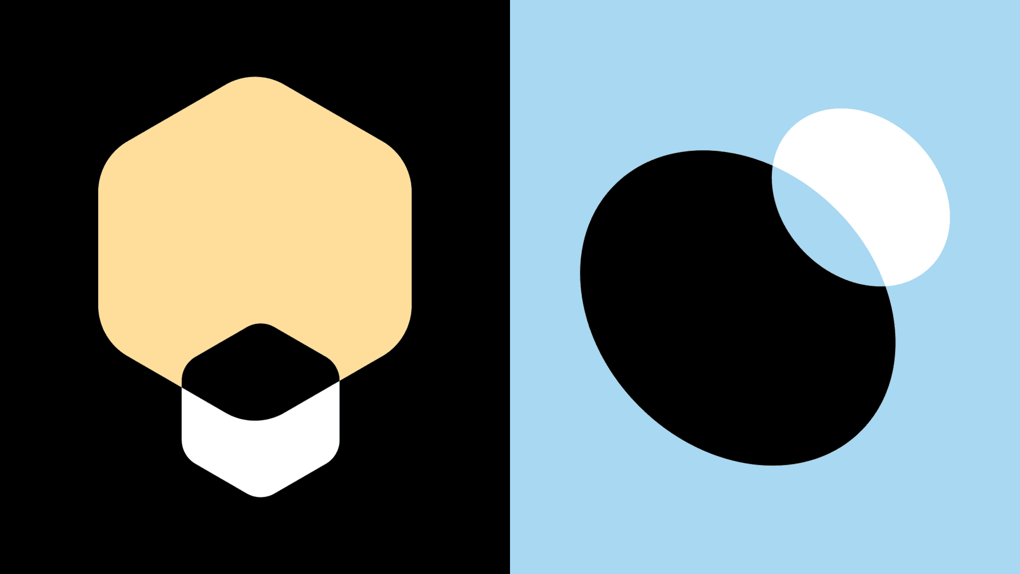 Split abstract images: left black field with yellow hexagon, small black hex and white cube; right light blue with black pebble and overlapping white disc.
