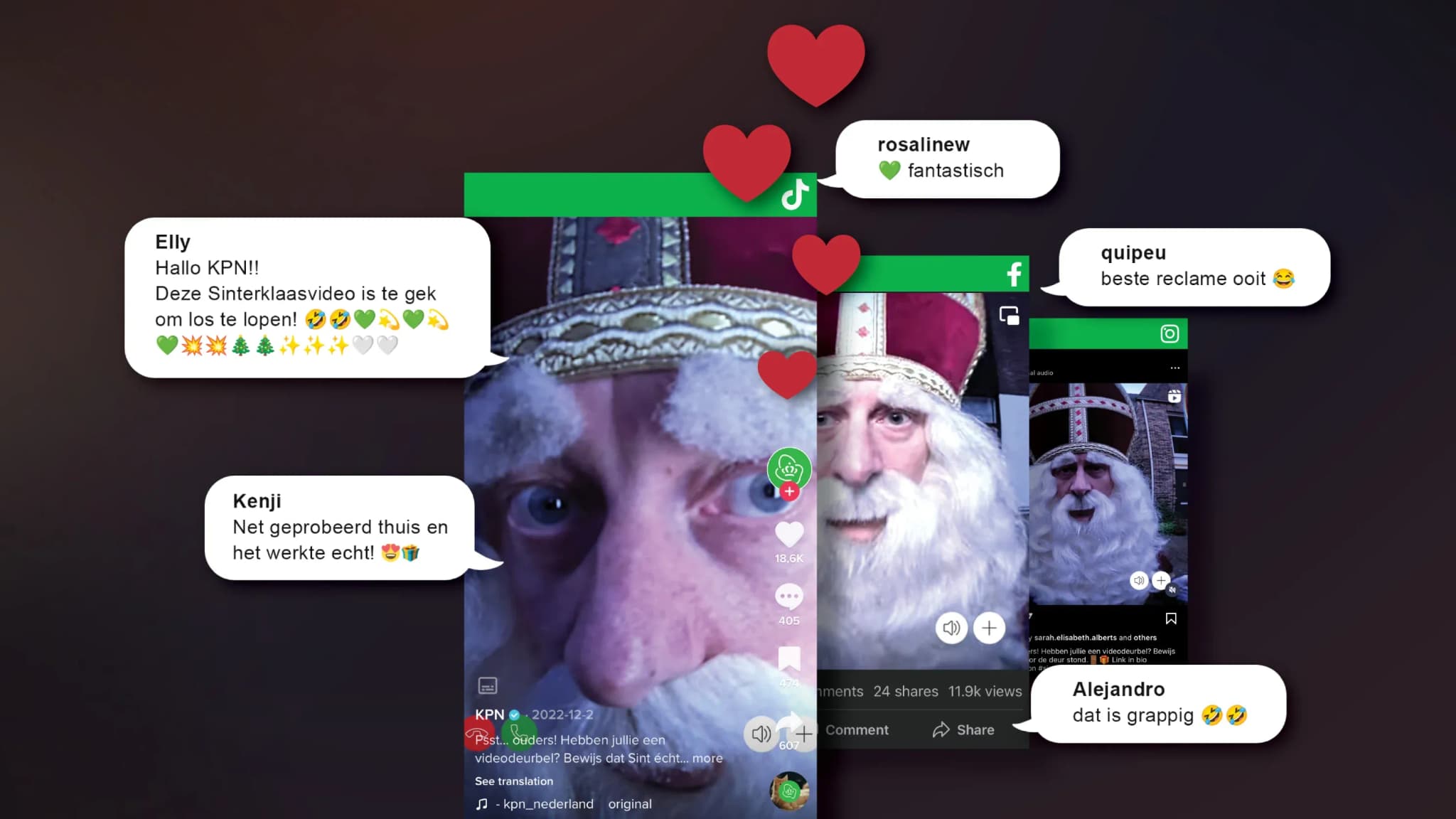 Multiple smartphone screens showing a close-up of Sinterklaas with comment bubbles and hearts displaying positive messages.