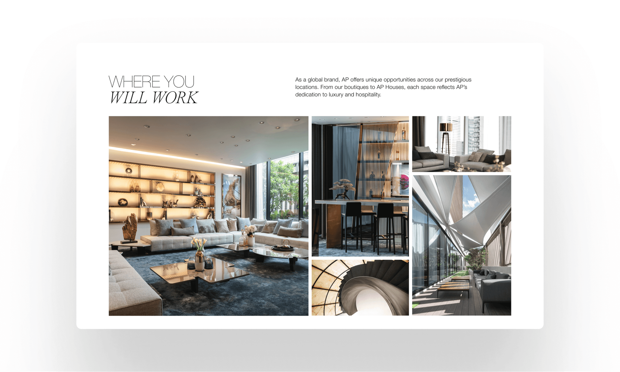Collage of luxury workplace interiors — modern lounge, bar seating, spiral staircase and outdoor terrace under the "WHERE YOU WILL WORK" heading.