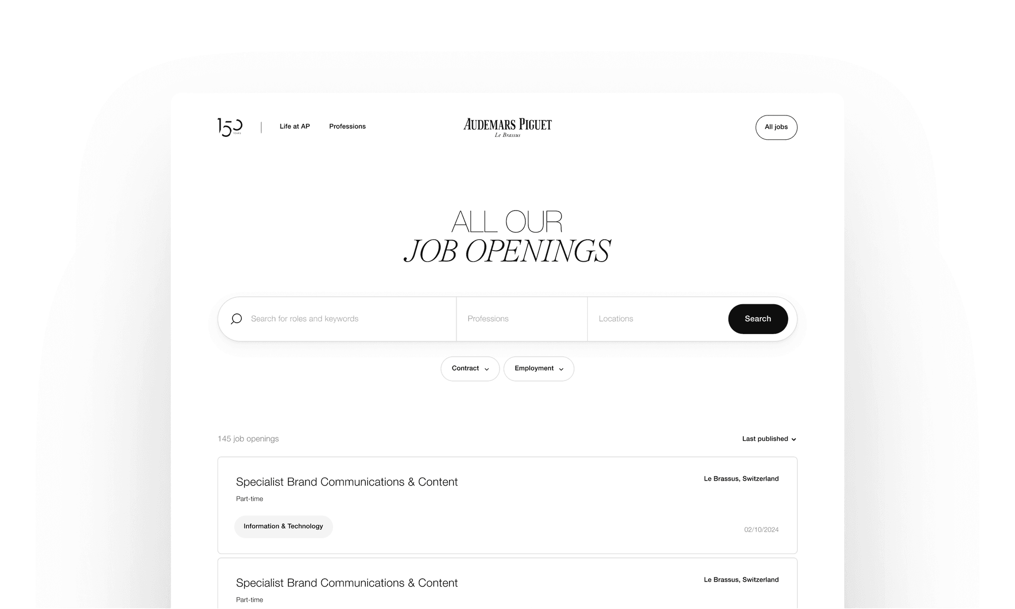 Audemars Piguet careers page titled "All Our Job Openings" with a search bar and listed specialist job postings.