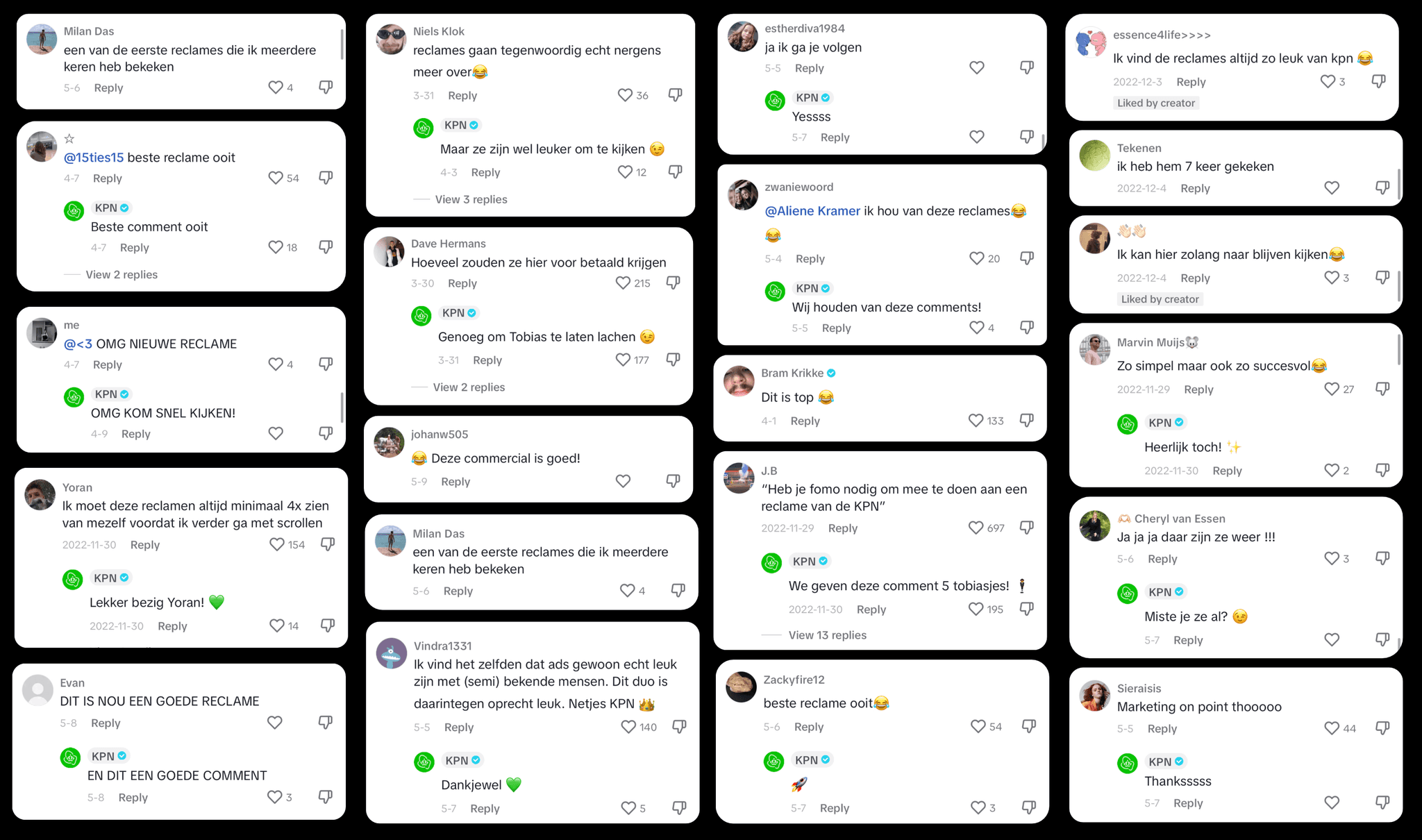 A dense collage of over 20 TikTok comment threads showcasing positive community engagement for a KPN advertisement. The comments, written in Dutch, feature users expressing their enjoyment of the "Daan & Tobias" duo, with KPN’s official account replying to many with heart emojis and witty remarks. Key phrases include "Marketing on point thooooo", "Zo simpel maar ook zo succesvol", and "beste reclame ooit".