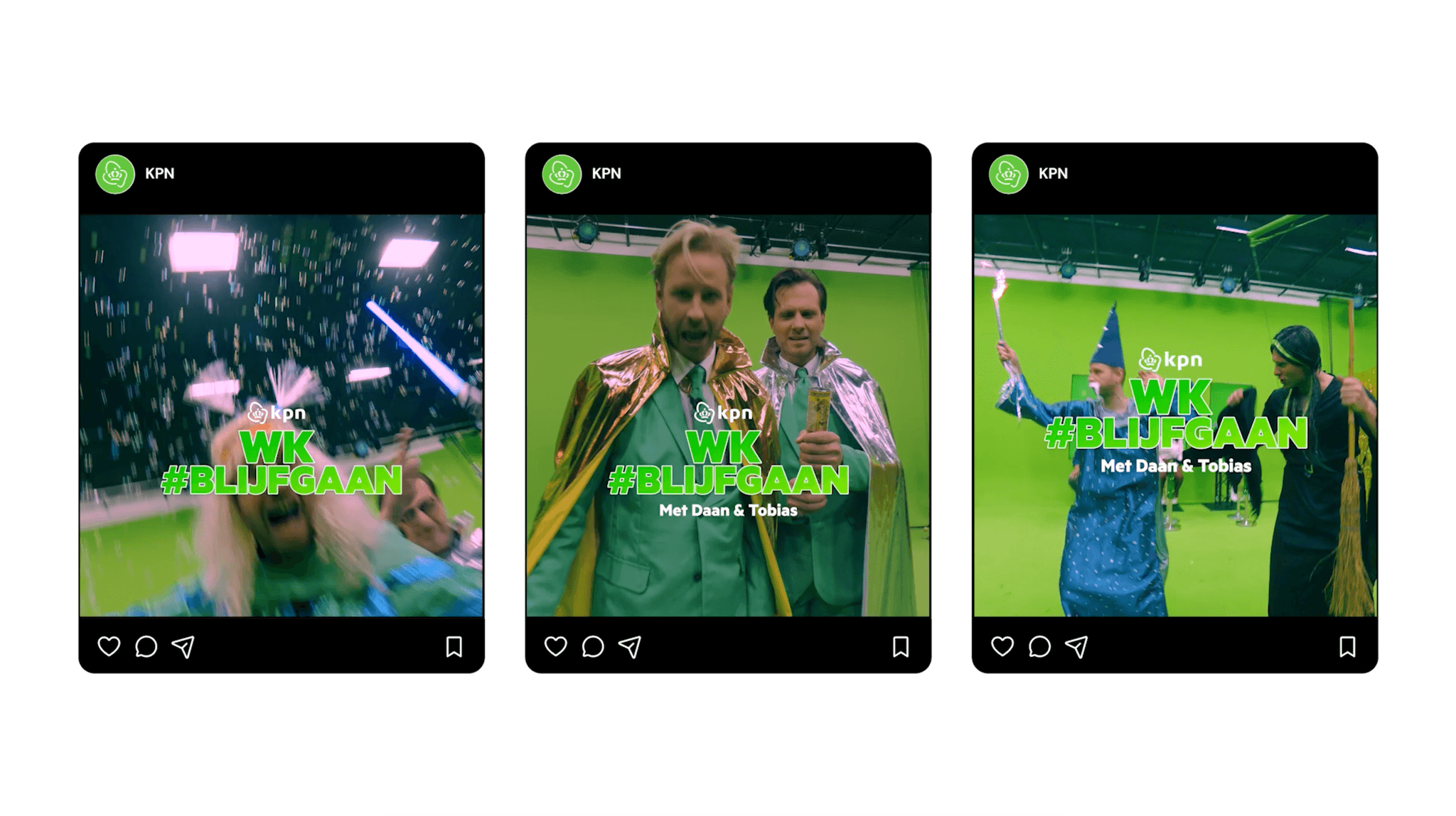 A series of three Instagram post previews for KPN, featuring "Daan & Tobias" in various costumes against a green screen studio background.  Left frame: A blurry, high-energy shot with a blue lightsaber and confetti.  Middle frame: The two men wearing shiny gold and silver capes over green suits.  Right frame: The men dressed as a wizard and a witch, with one holding a glowing wand and the other a broomstick.  Each frame features the green overlay text "WK #BLIJFGAAN Met Daan & Tobias".