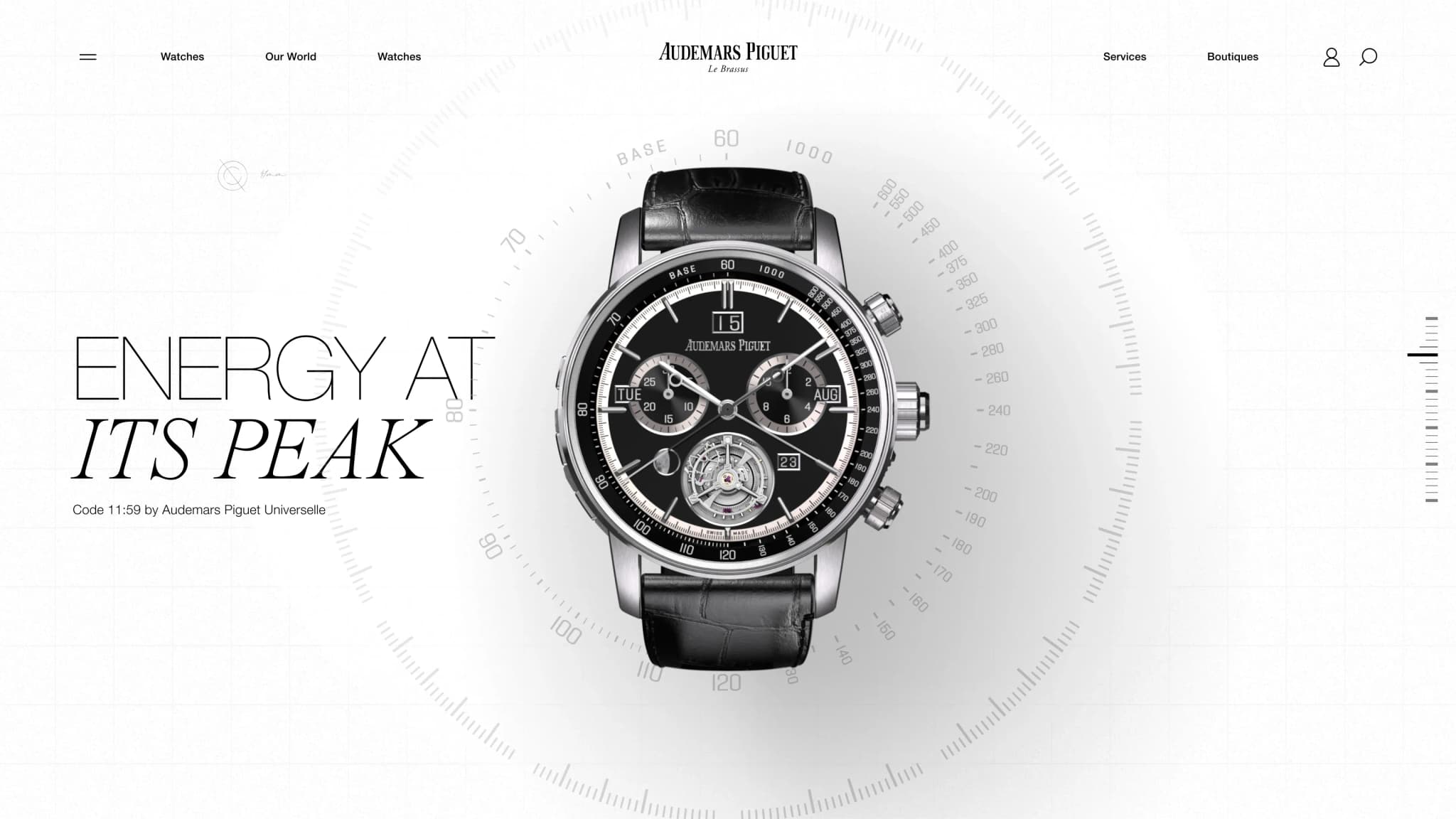 Audemars Piguet website homepage featuring a luxury Code 11:59 Universelle watch centered against a technical white background with the headline "ENERGY AT ITS PEAK."