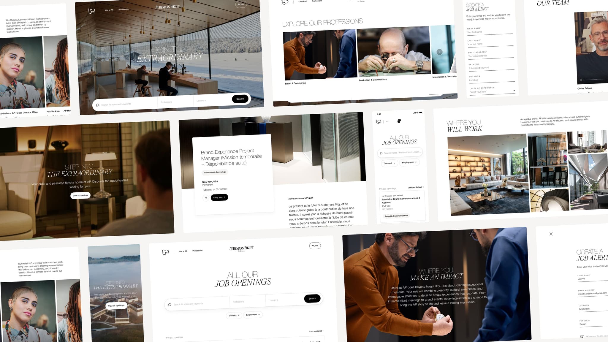 Angled collage of website mockups showing lifestyle portraits, interior design photos, text blocks and navigation.