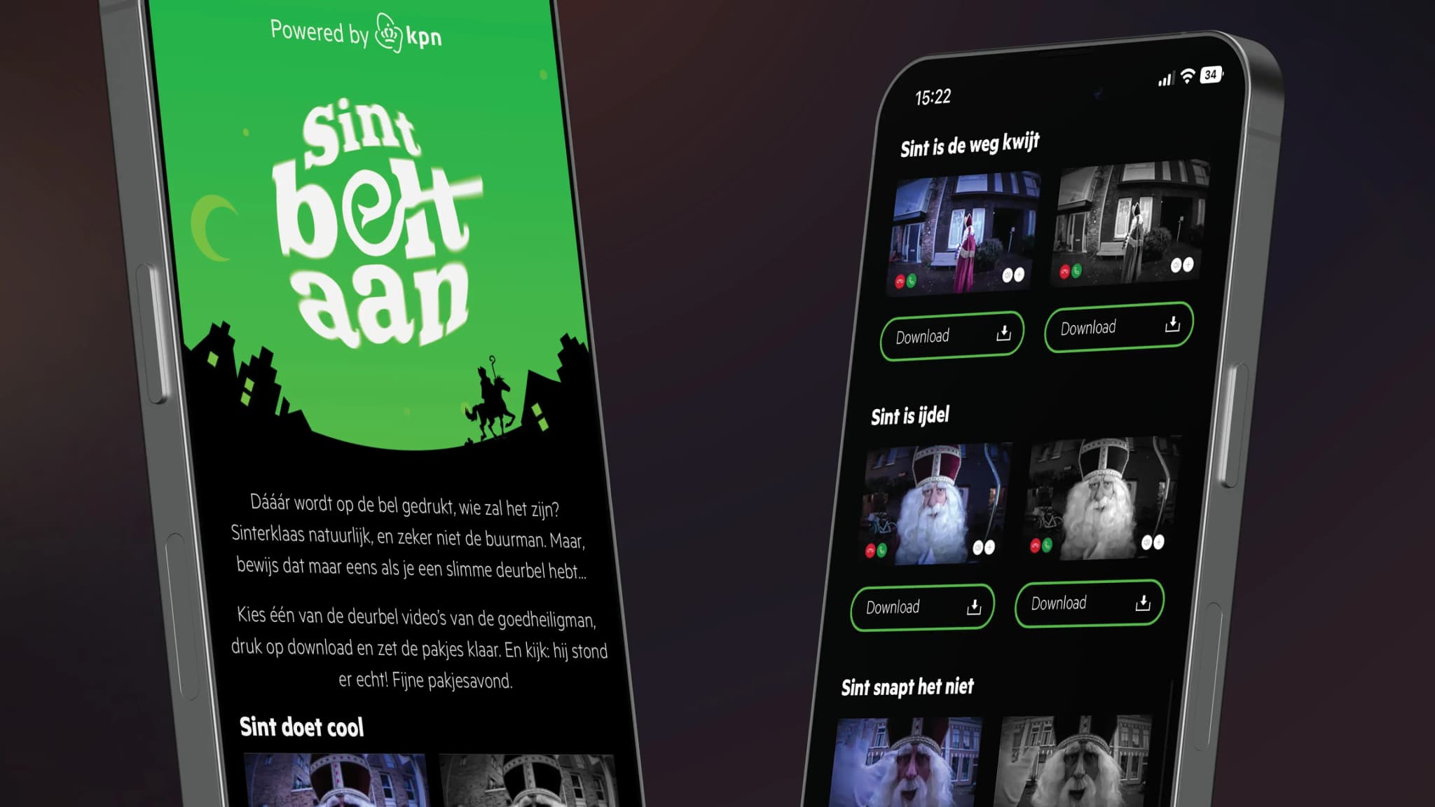 Two phones showing a Sinterklaas app: green title screen with silhouetted rider and a dark video gallery of Sinterklaas clips with download buttons.
