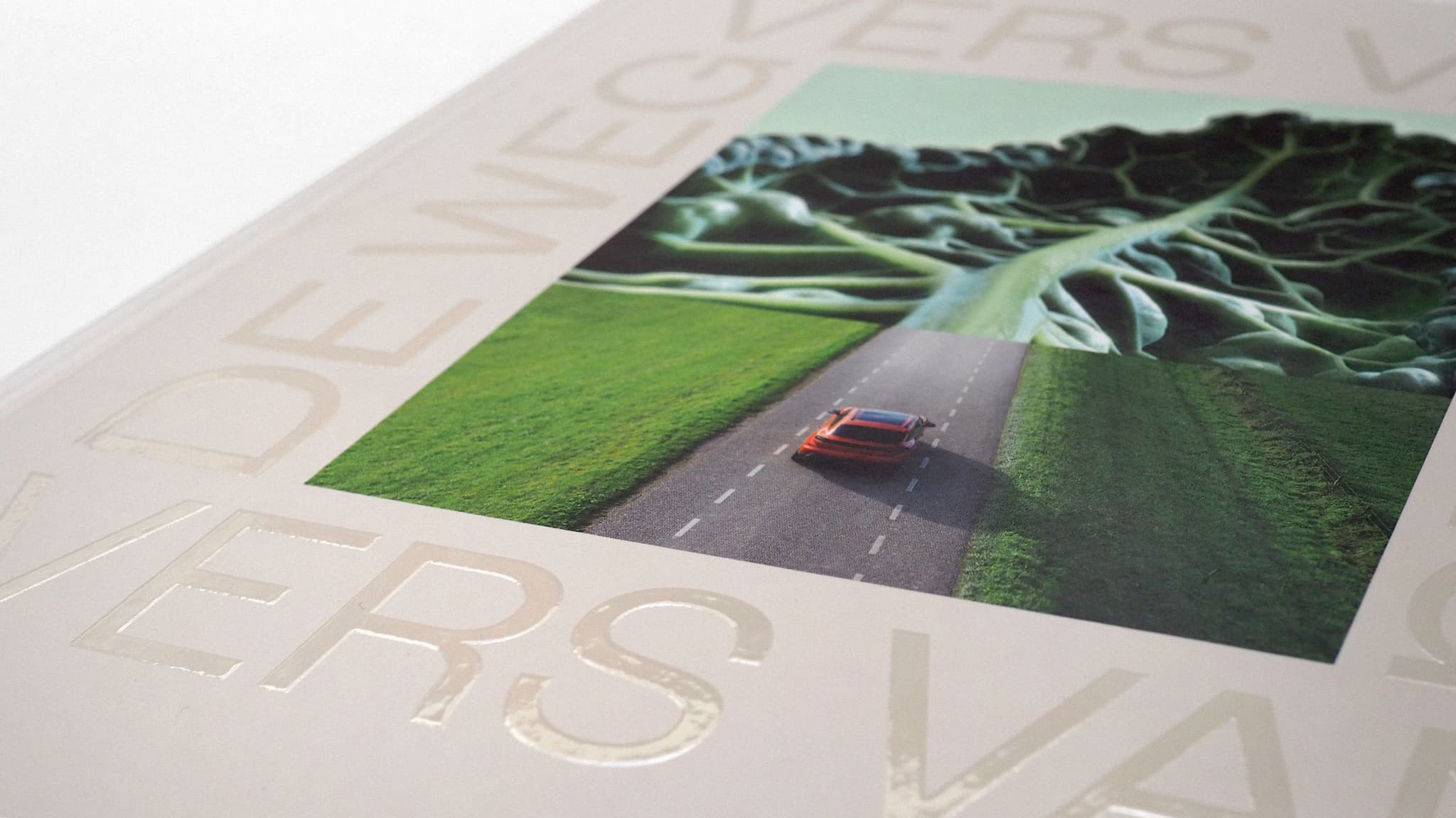 Close-up of a book cover with embossed letters and a central photo of a red car driving along a country road between green fields toward large tree roots.