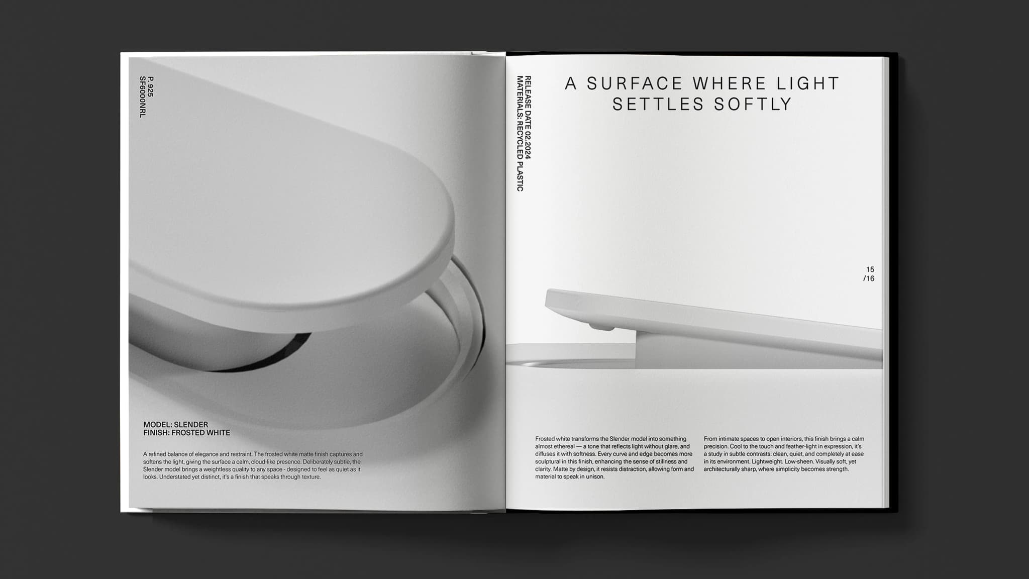 Open booklet displaying a minimalistic design with text emphasizing a frosted white finish and slender model.