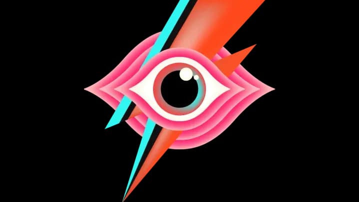 A stylized graphic of a human eye set against a pink and orange lightning bolt, blending surrealism with David Bowie's iconic imagery.