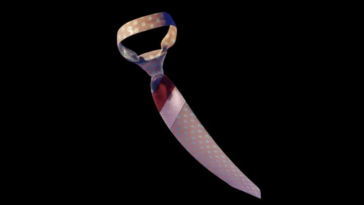 A pointed silk necktie featuring an iridescent, reptilian scale pattern in shades of silver and purple, accented by a white section with gold star details at the knot.