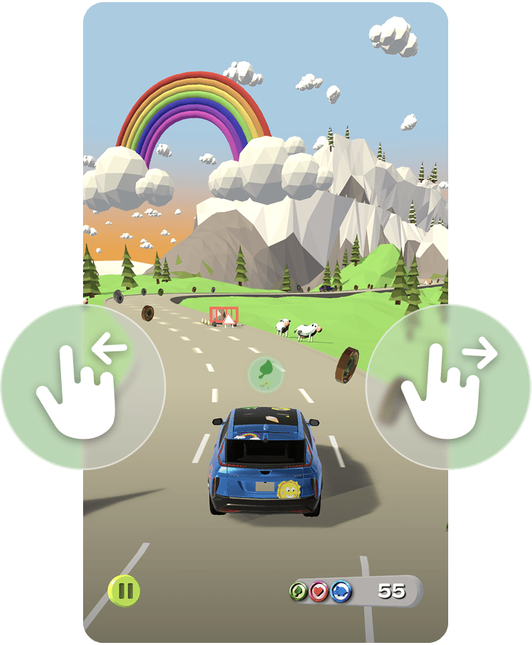 A vertical mobile game screenshot showing a blue car driving down a mountain road with a large rainbow in the sky. The design style is a low-poly 3D cartoon style, featuring chunky geometric shapes for the clouds and mountains. Large, translucent instructional hands indicate swipe controls for the car, which is passing floating tires and sheep on the roadside.