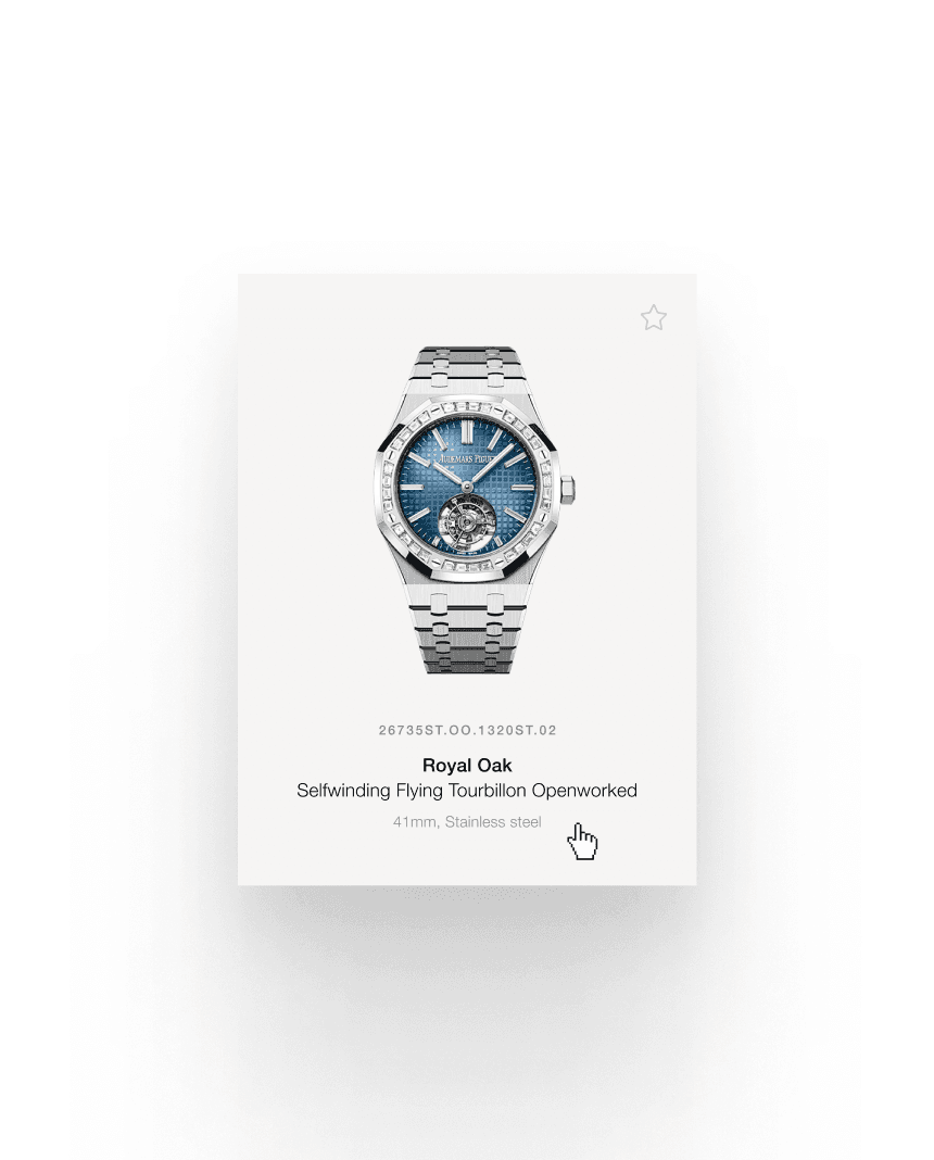 Product card showing a stainless-steel Royal Oak wristwatch and openworked flying tourbillon, silver bracelet.