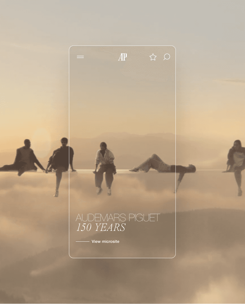 Five people perched on a narrow ledge above clouds at sunset, with a translucent mobile overlay reading "Audemars Piguet 150 Years" showcasing a microsite