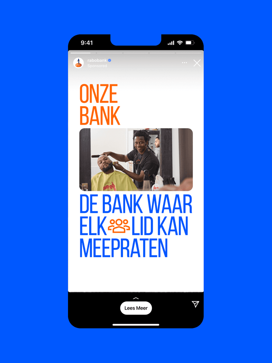 Rabobank Instagram story on a smartphone: Dutch text "Onze Bank — De bank waar elk lid kan meepraten" with photo of a barber trimming a man's beard.