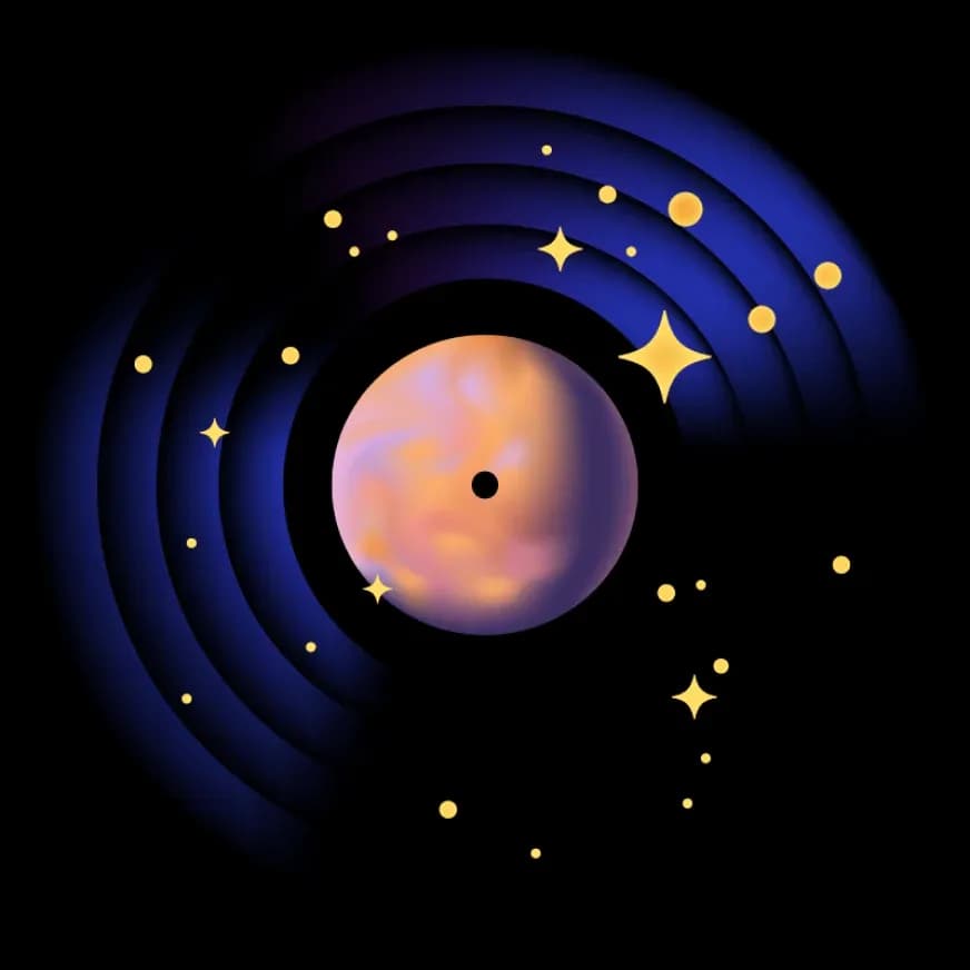 A creative illustration of a vinyl record that resembles a starry night sky, featuring a planet as the center label and gold stars on dark blue grooves.