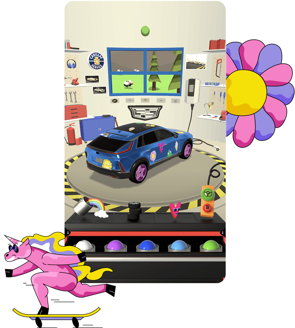 Blue toy car with stickers on a mobile design shot of a game-like UI with a rotating garage platform, rainbow buttons in foreground, skateboarding pink unicorn and oversized flower