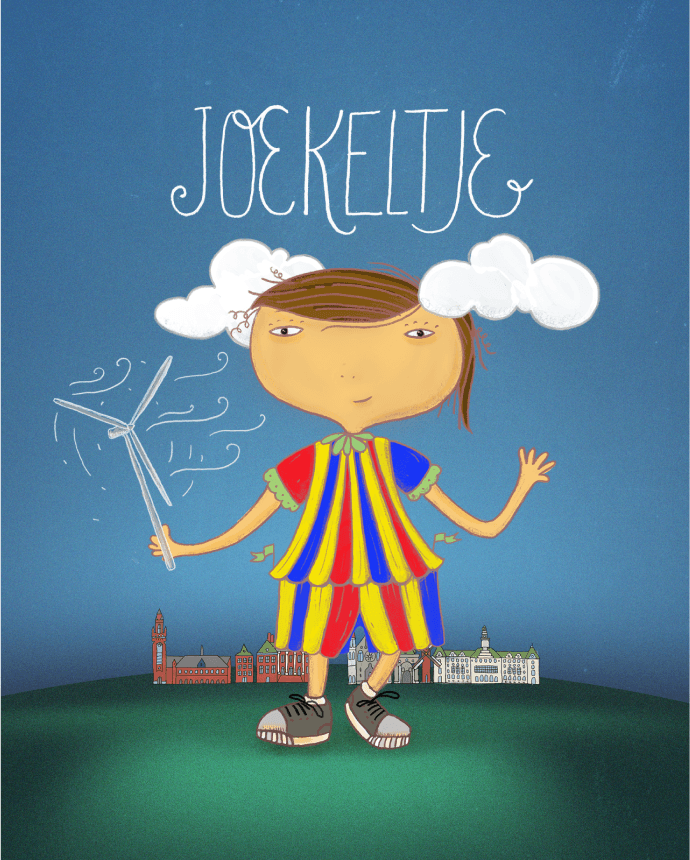 Illustration of audio book character, a child with a fan